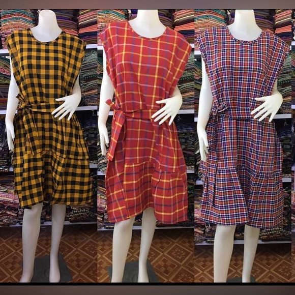 Polished neutral plaid A-line statement dress with a removable self-tie belt. - Picture 6 of 11